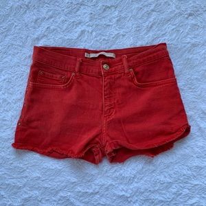Zara Red Frayed Studded Denim Shorts